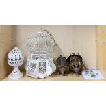 A Moroccan decorative bird cage, H. 40cm, together with two copper and brass lanterns, a