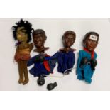Three vintage boxing puppets and a ragdoll.