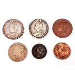 Six Queen Victoria British coins: two Queen Victoria double florins (c. 1887 and 1888), a copper