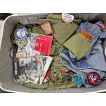 A case of outdoor sport related cloth badges, Boy Scouts of America items and others.