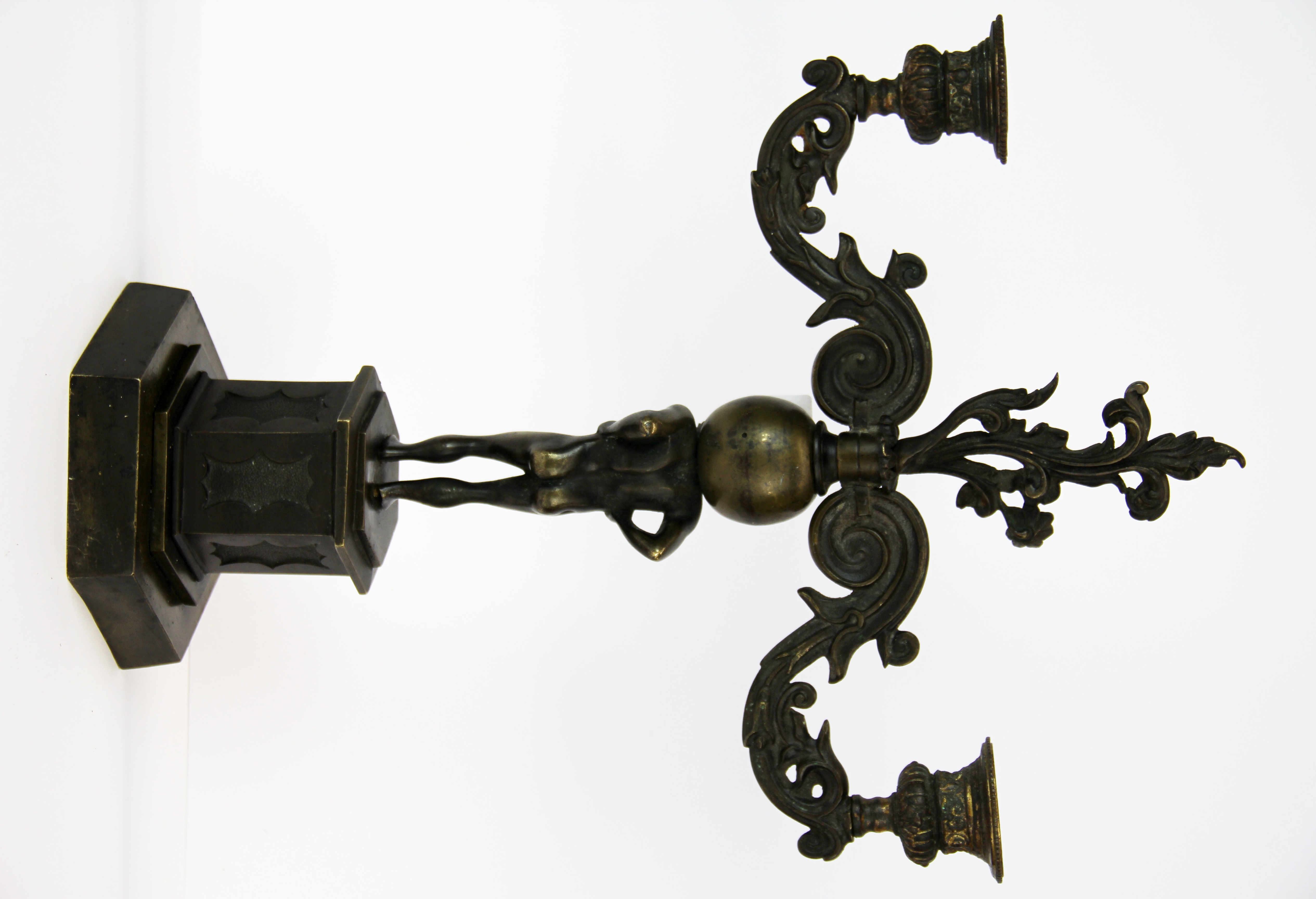 A 19th century bronze two branch candelabrum resting on Atlas, 38cm. - Bild 3 aus 4