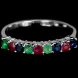 A 925 silver half eternity ring set with sapphires, emeralds and rubies, (N.5).