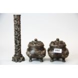 A pair of Chinese composition (clay/papier mache mix) censers with a matching incense holder (