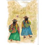 Ali Wright, "De camino al trabajo", inktense on paper, framed 31 x 41cm, c. 2022. On their way to