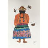 Ali Wright, "Mujer acompañada de mariposas", inktense on paper, 31 x 41cm, c. 2022. Inspired by a