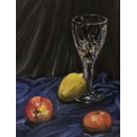 Donna Borg, "Still Life with Crystal Glass and Fruit", oil on deep edge canvas, 40 x 30cm, c.