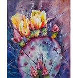 Delnara El, "Cactus flowers", watercolour on paper, 29 x 36cm, c. 2021. Sunny cacti and flowers