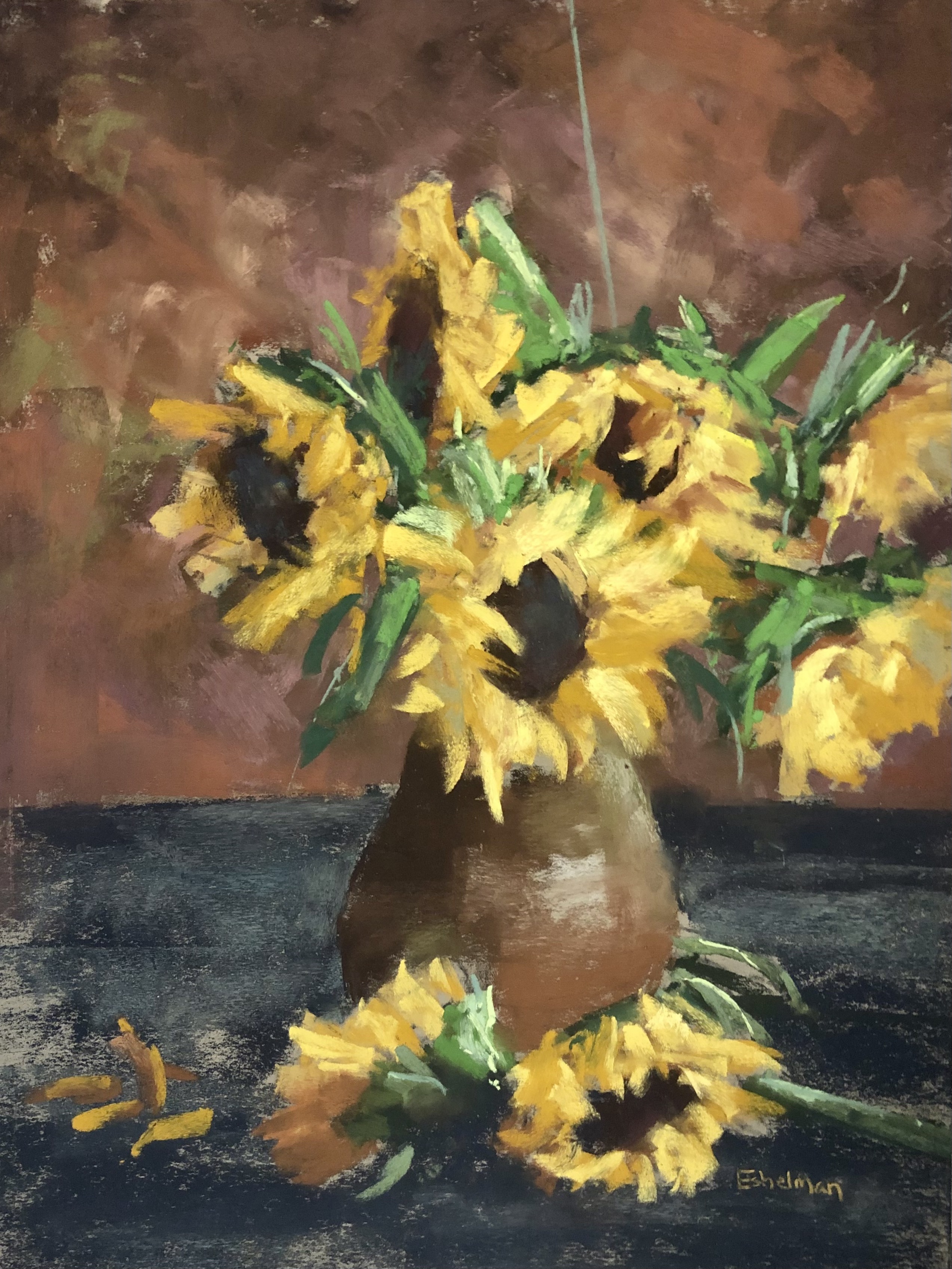 Kim Eshelman, "Study of sunflowers", pastel on archival card, 30 x 40cm, c. 2020. A lovely