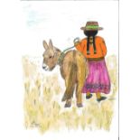 Ali Wright, "Ana y su burro", inktense on paper, framed 31 x 41cm, c. 2022. Up in the high Andes