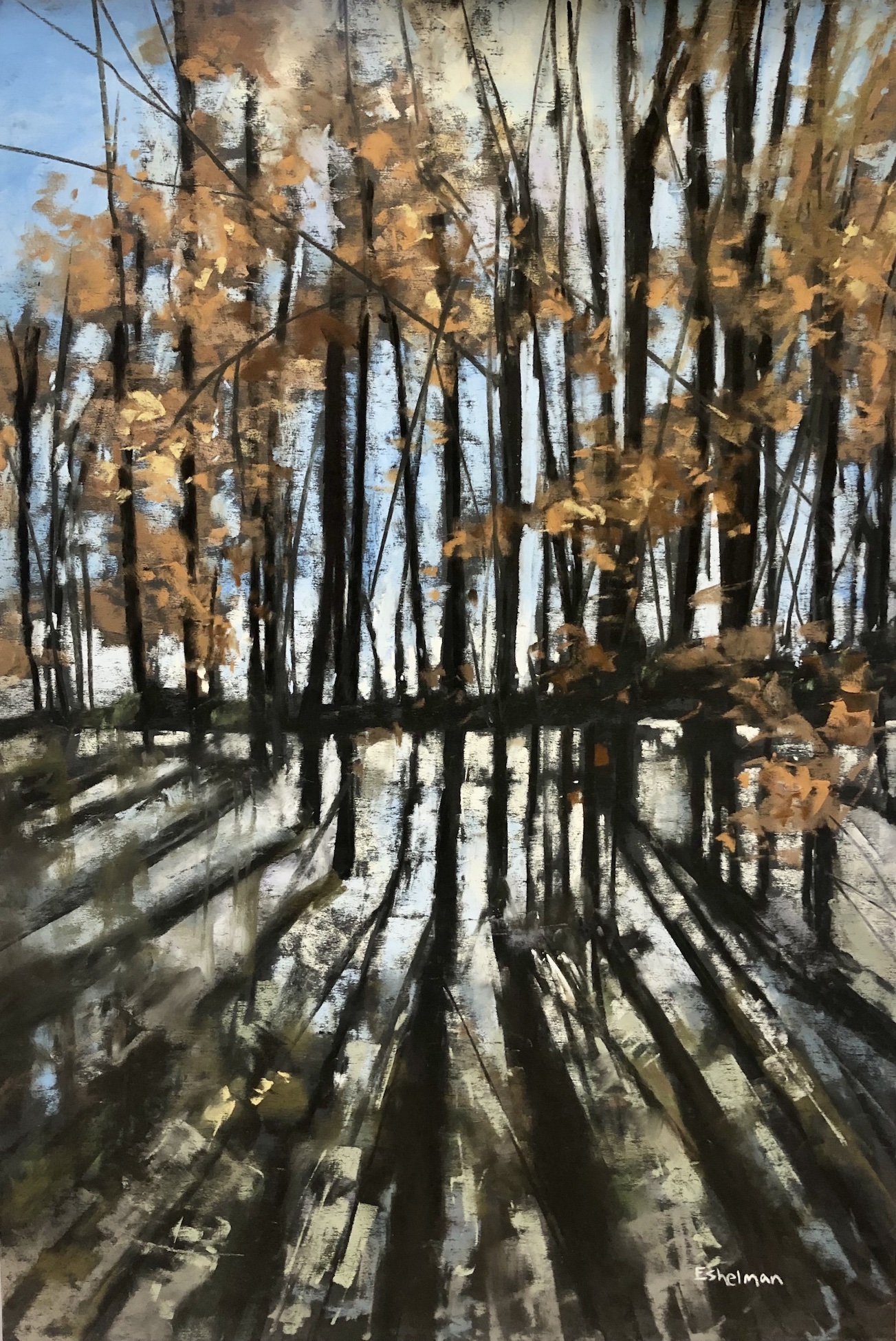 Kim Eshelman, "Winter light II", pastel on archival board, 30 x 45cm, c. 2020. This striking work