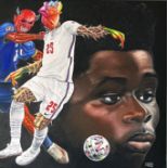 O Yemi, "SAKA: Euro2020 Hero", unframed oil on canvas, 76 x 76cm, c. 2021. "Do not gloat over me, my