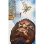 O Yemi, "My Little Bird Flew Away", unframed oil on canvas, 65 x 30cm, c. 2020. This painting is