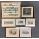 A framed collection of Player's cigarette cards and antique prints, mostly fox hunting related,