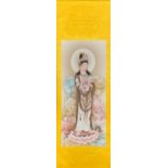 A Chinese silk mounted scroll of the goddess Guanyin, 50 x 145cm.
