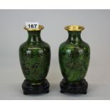 A pair of Chinese cloisonne on gilt brass vases with wooden stands, H. 18cm.
