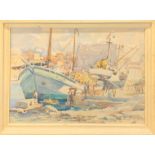 An interesting framed signed 1960's watercolour of activity in a port with indistinct signature,