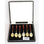 A set of six hallmarked silver and enamelled coffee spoons c. 1965.