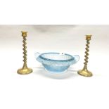 An Art Deco blue glass bowl (Dia. 26cm), together with two brass candlesticks, H. 23cm.