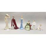 A group of four porcelain Royal Doulton figurines, one Royal Worcester figure and one Regal