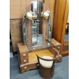 An Art Deco oak dressing table and stool, 122 x 164cm.