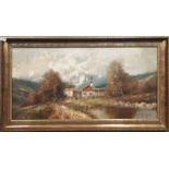 A large gilt framed oil on canvas of a Highland landscape signed D Saddler, 112 x 63cm.