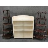 A 1960s painted wooden bookcase, 94 x 114cm, together with two useful corner wotnots, tallest H.