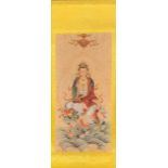 A fine Chinese print on a silk mounted scroll of the goddess Guanyin, scroll size 67 x 189cm.
