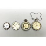 Three vintage pocket watches and a wristwatch.