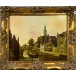 A gilt framed oil on board of a Continental canal side scene signed R. Vangh, frame size 61 x 62cm.