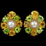 A pair of 925 silver gilt cluster earrings set with peridot and orange citrines, with cultured