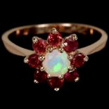 A 925 silver rose gold gilt cluster ring set with opal and rodolite garnet, (O). Condition NEW,