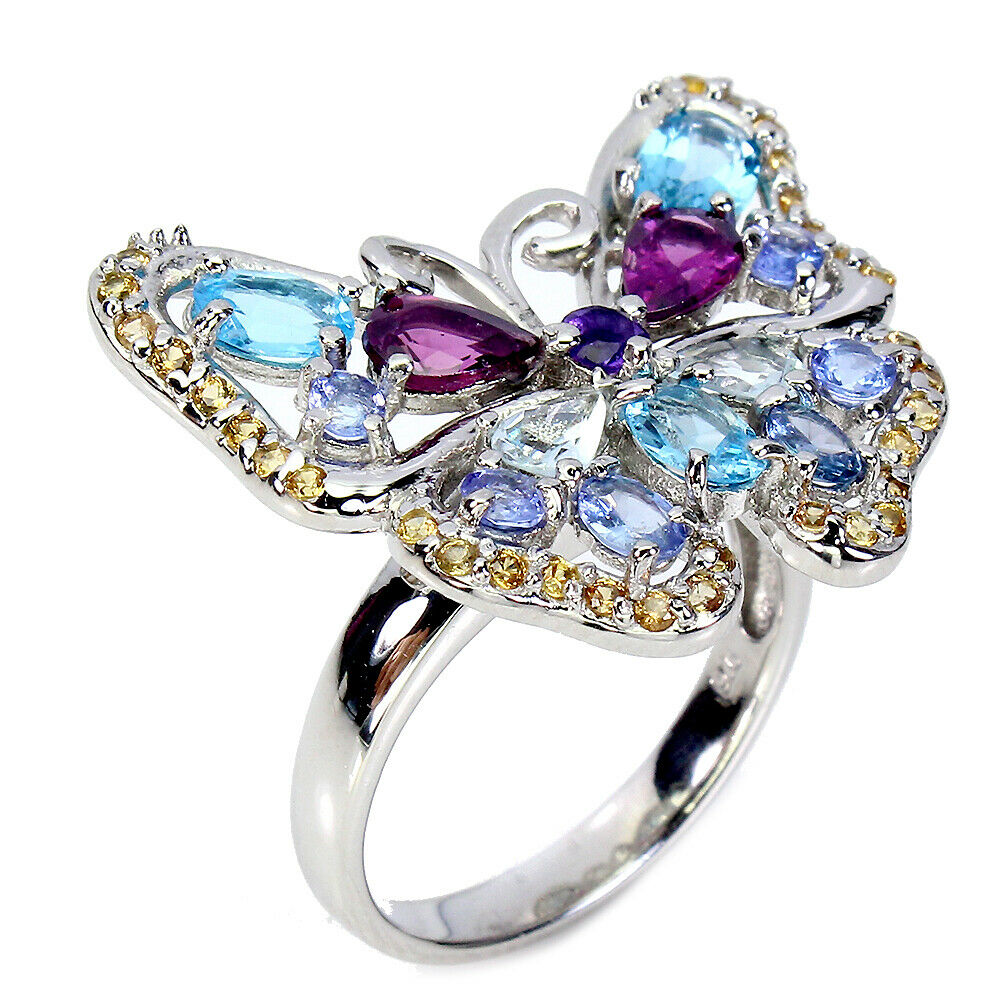 A 925 silver butterfly shaped ring set with Swiss blue topaz, tanzanite, citrine, sapphire and - Bild 2 aus 2