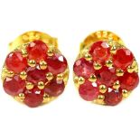 A pair of 925 silver gilt cluster earrings set with deep orangy red rubies, Dia. 0.8cm. Condition