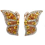 A pair of 925 silver rose gold gilt butterfly shaped earrings set with citrines and white stones, L.