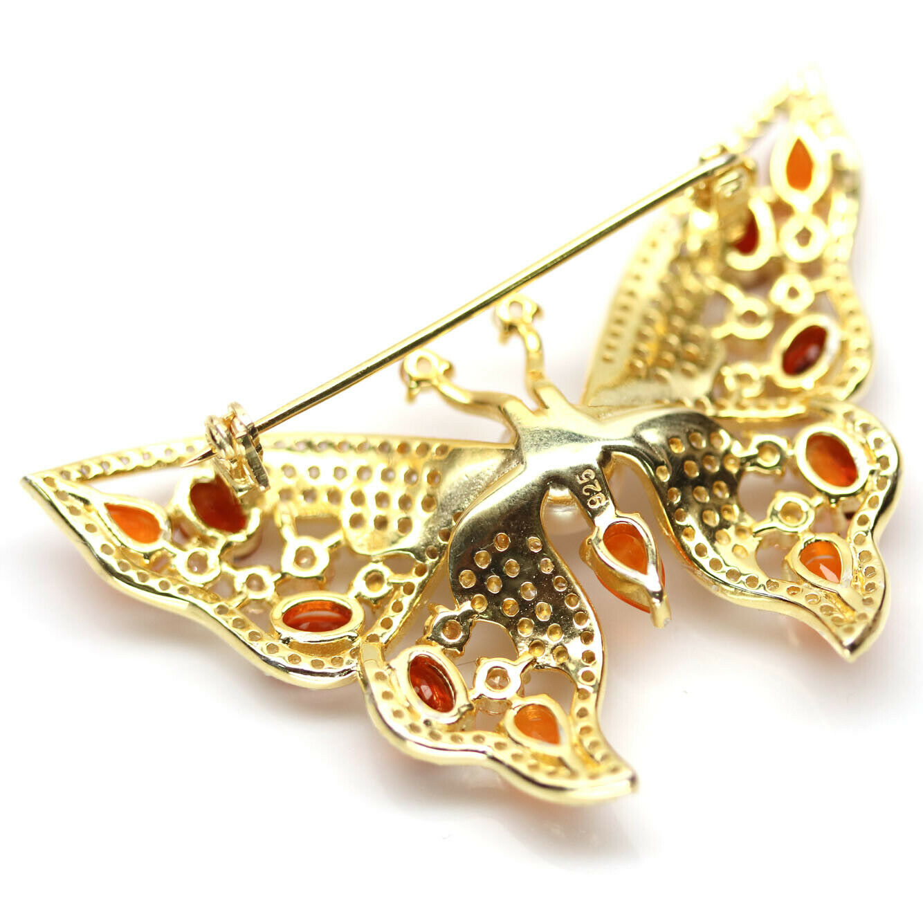 A 925 silver gilt butterfly shaped brooch set with garnets, fire opals, pearl and white stones, L. - Bild 2 aus 2