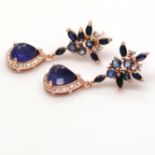 A pair of 925 silver rose gold gilt drop earrings set with faceted and marquise cut sapphires, L.