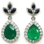 A pair of 925 silver drop earrings set with marquise cut sapphires and pear cut green agate, L. 2.