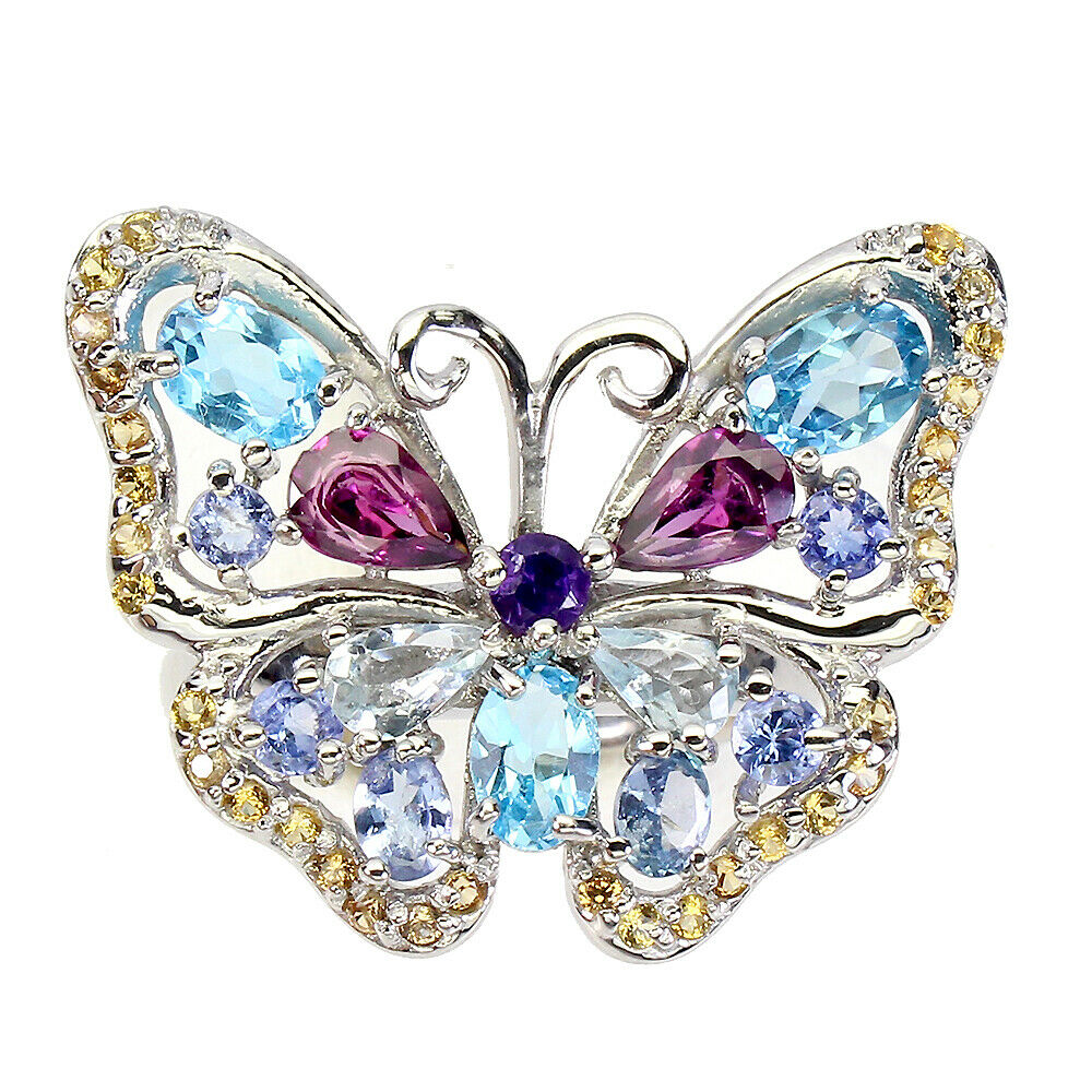 A 925 silver butterfly shaped ring set with Swiss blue topaz, tanzanite, citrine, sapphire and