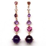 A pair fo 295 silver rose gold gilt drop earrings set with cabochon cut amethyst, tourmaline,