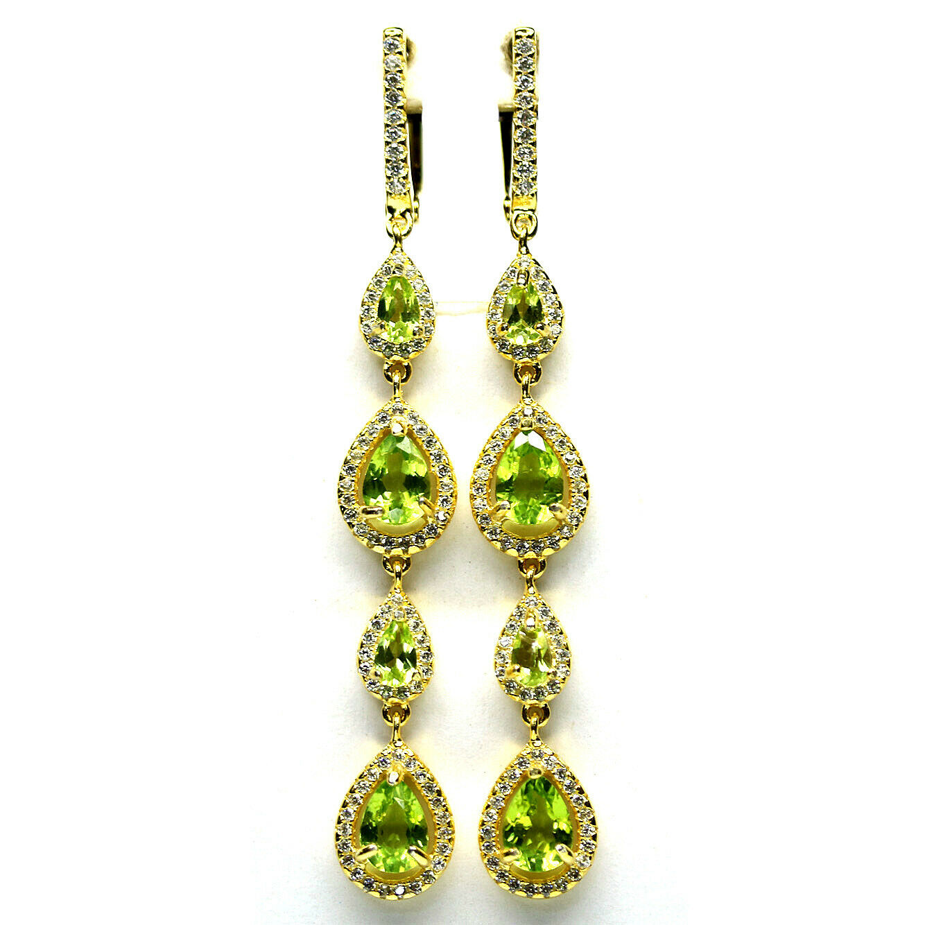A pair of 925 silver gilt drop earrings set with pear and round cut peridots, L. 7cm. Condition NEW,