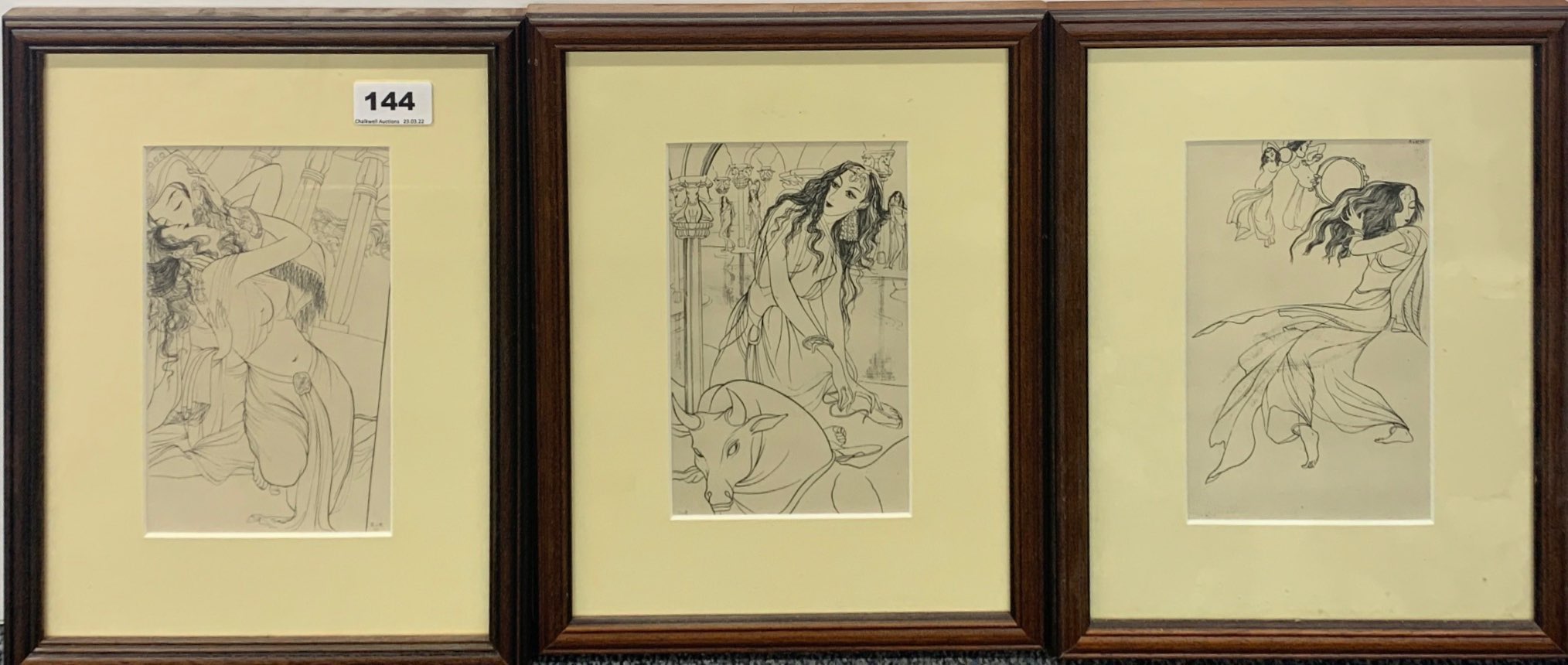 RvR: Three framed engravings of Eastern women, frame size 25.5 x 33cm. Provenance: estate of a