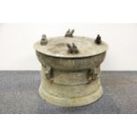 A superb Chinese cast and engraved bronze rain drum with raised frogs to the rim. Dia. 49cm. H.