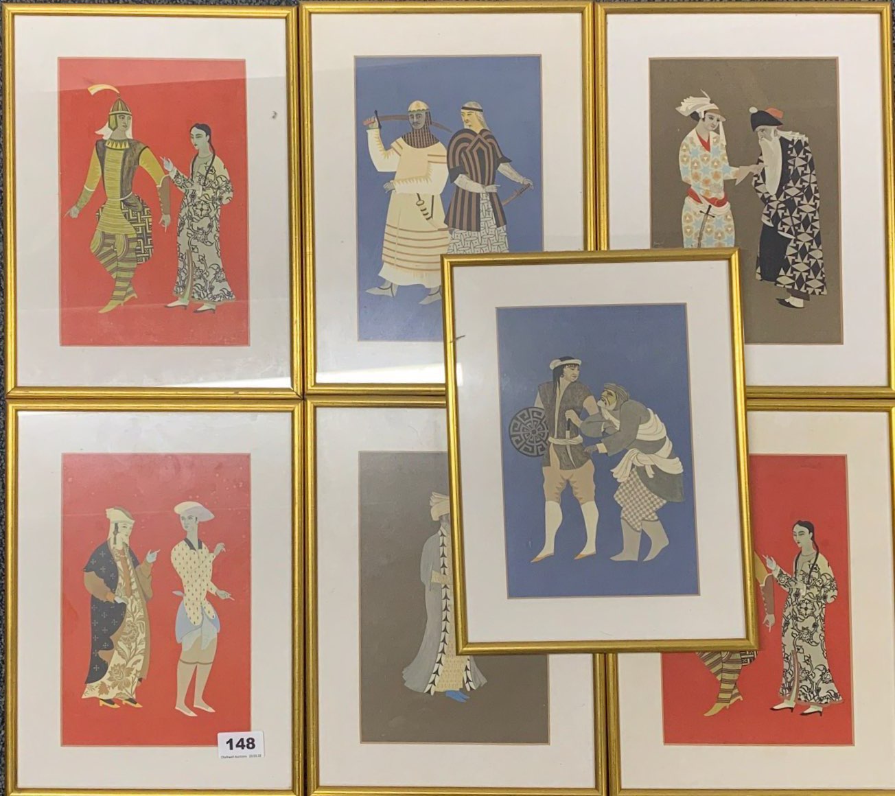 Seven gilt framed lithographs of Eastern costume, frame size 25 x 33cm. Provenance: estate of a