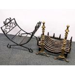 A brass and cast iron fire grate, H. 54cm. W. 48cm. together with a folding vintage wood rack.