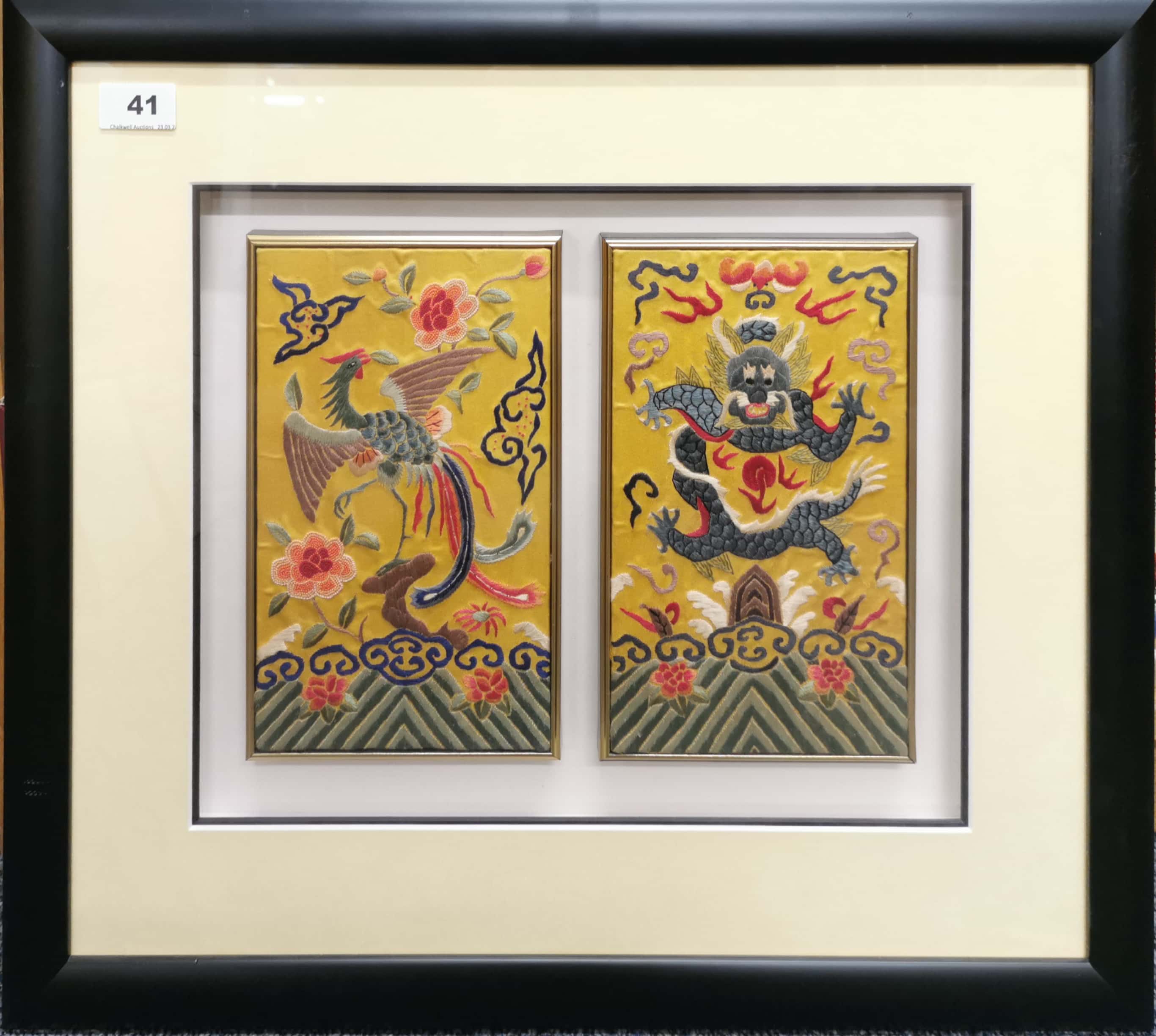 A framed pair of Chinese embroidered silk rank badges, frame size 48 x 58cm. Provenance: estate of a