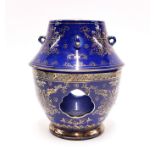 An interesting Chinese blue glaze and gilt two piece porcelain censer, H. 20cm. Provenance: estate