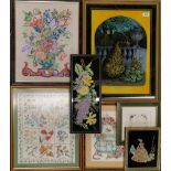 A group of framed tapestries and large reverse printed glass, largest frame 50 x 66cm.