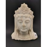 A fine Chinese carved white marble Guanyin head, H. 29cm. Provenance: estate of a gentleman