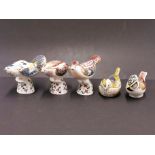 Two Royal Crown Derby bird paperweights, together with three Minton porcelain bird figures. Figure