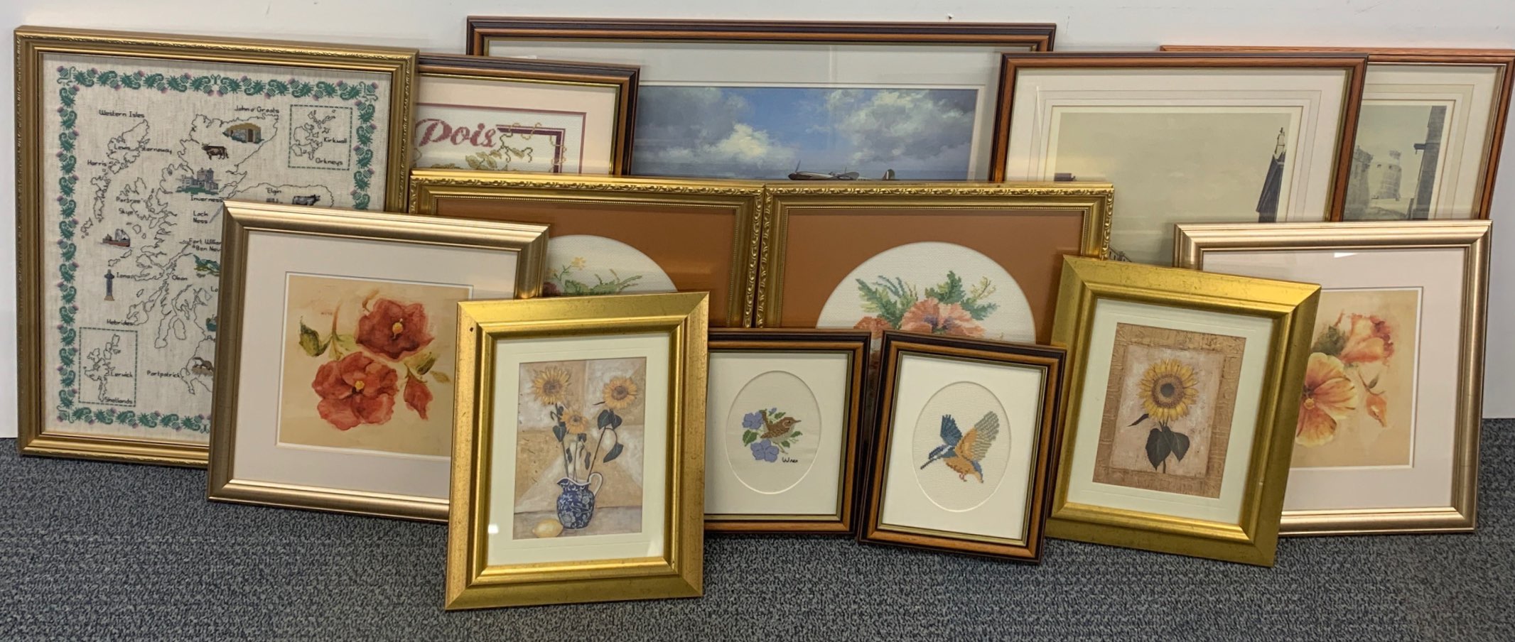 A group of framed tapestries and prints, largest frame size 54 x 66cm.